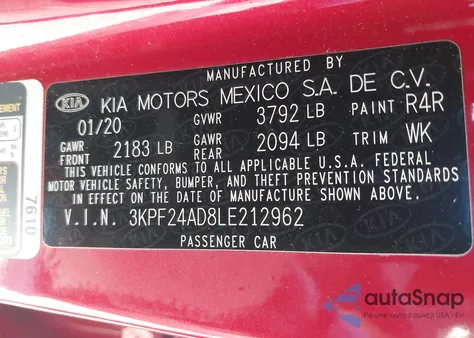 2020 Kia Forte Lxs from USA, damaged, VIN 3KPF24AD8LE212962
